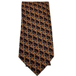 Barneys New York Men's Brown Gold Geometric Silk Necktie Long Classic Vintage